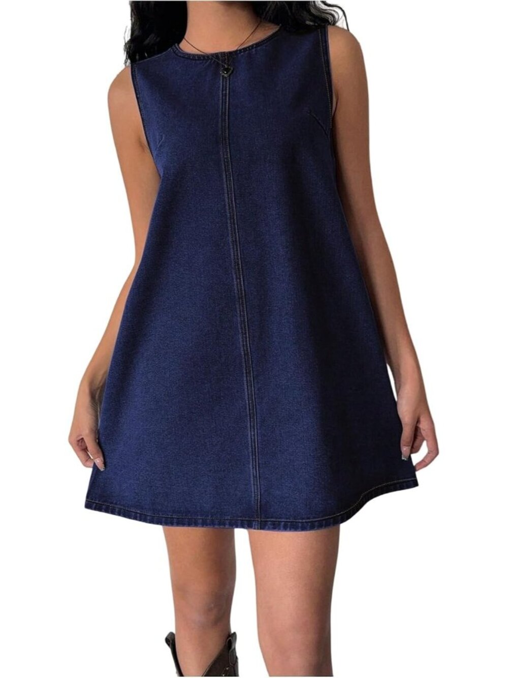 Women's Dark Wash Bow Tie Back Sleeveless A-Line Short Mini Denim Dress